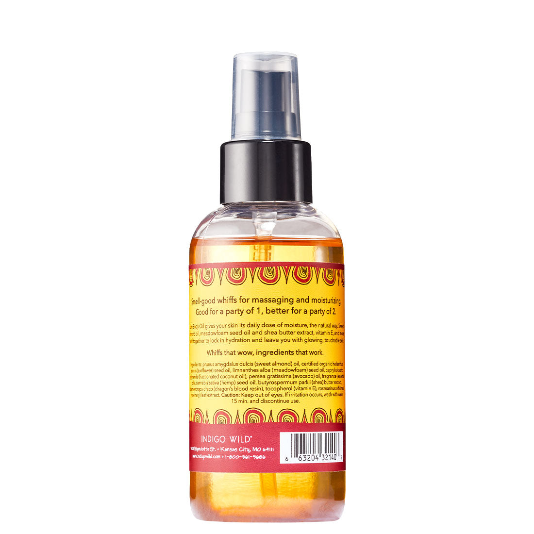 Back view of cylinder bottle with pump top and cap containing Dragon's Blood infused body oil.