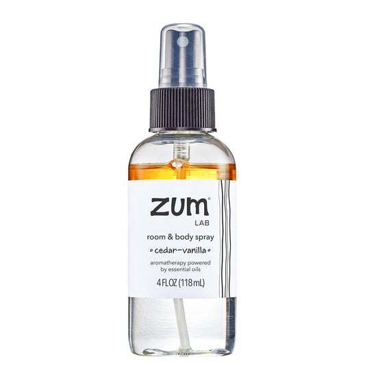 Cedar-Vanilla Zum Spray in a clear bottle with black spray cap.