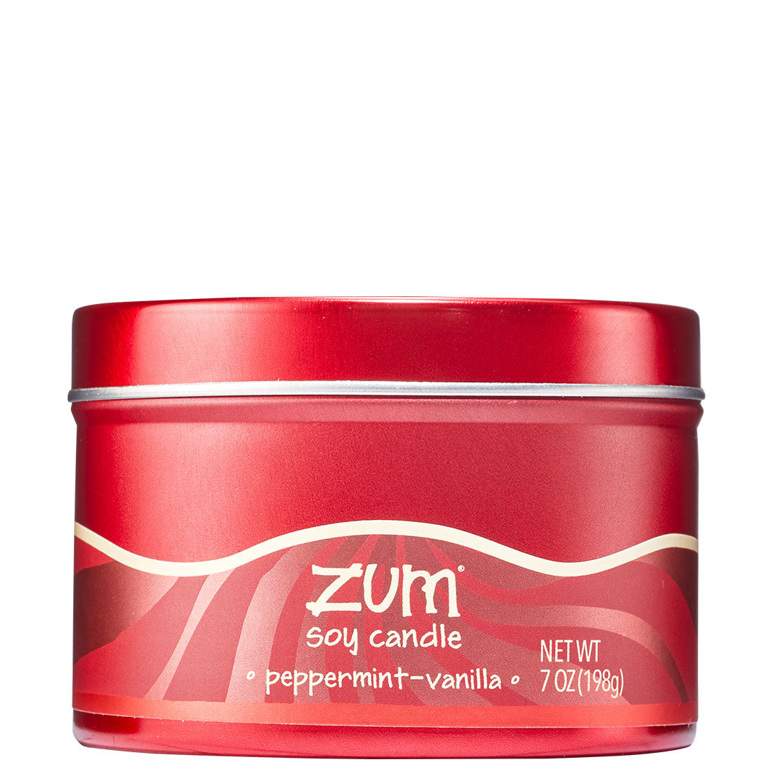 Peppermint-Vanilla Soy Candle in a red tin with lid and label.