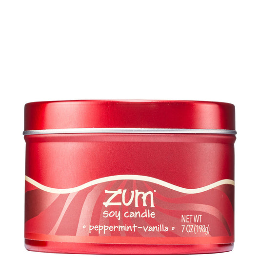 Peppermint-Vanilla Soy Candle in a red tin with lid and label.