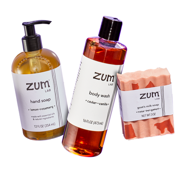 Zum Lab Lemon-Rosemary Hand Soap, Cedar-Vanilla Body Wash, and Rose-Bergamot labeled Bar Soap.