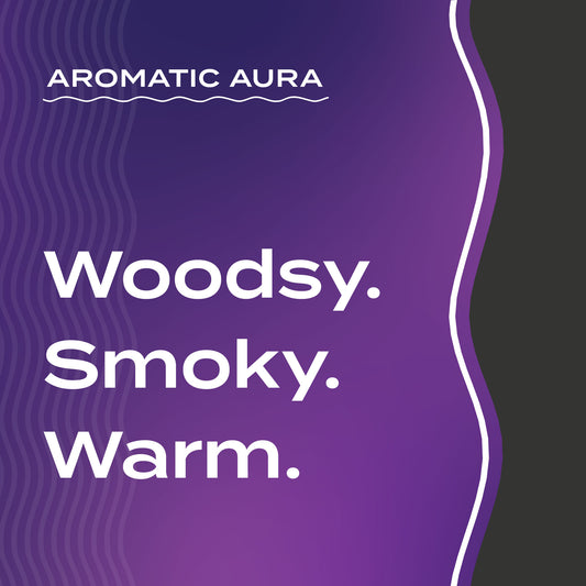 Text graphic depicting the aromatic aroma of Cedar: Woodsy, Smoky, Warm.