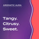 Text graphic depicting the aromatic aroma of Grapefruit: Tangy, Citrusy, Sweet.