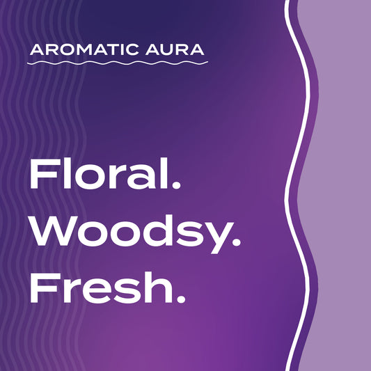 Text graphic depicting the aromatic aroma of Lavender-Cedar: Floral, Woodsy, Fresh.