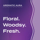 Text graphic depicting the aromatic aroma of Lavender-Cedar: Floral, Woodsy, Fresh.