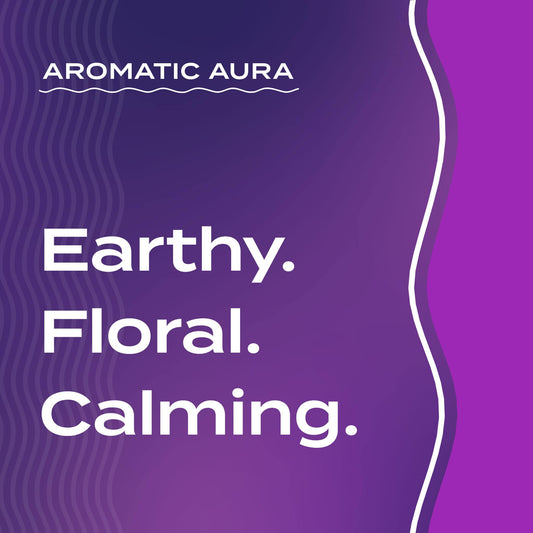 Text graphic depicting the aromatic aroma of Lavender-Lemon & Patchouli: Earthy, Floral, Calming.