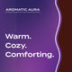 Aromatic Aura advertisement with text 'Warm. Cozy. Comforting.' on a purple and brown background