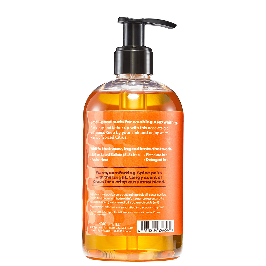 Back of Spiced Citrus Hand Soap in a clear bottle with black pump