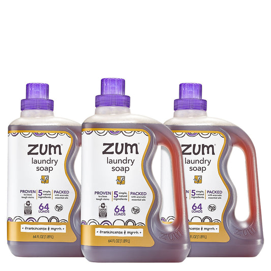 Three Frankincense & Myrrh 64 oz. Laundry Soap Bottles side by side