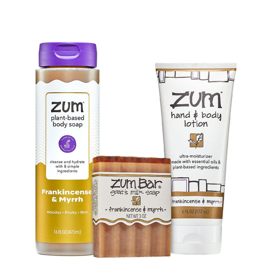 Frankincense & Myrrh Body Soap, Bar Soap and Lotion on white background