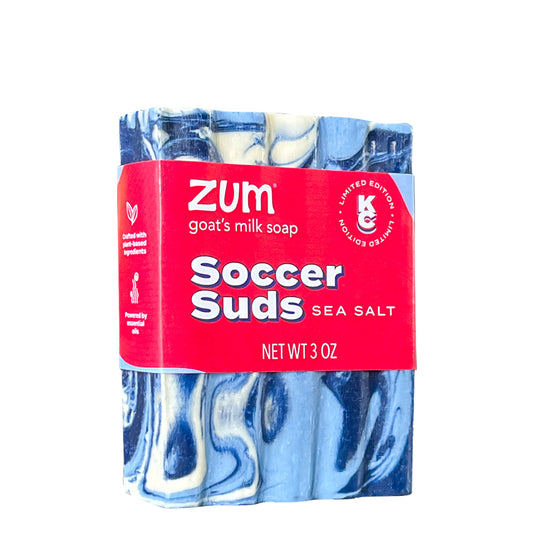 Zum goat's milk soap limited edition soccer suds bar with blue and white design on a white background