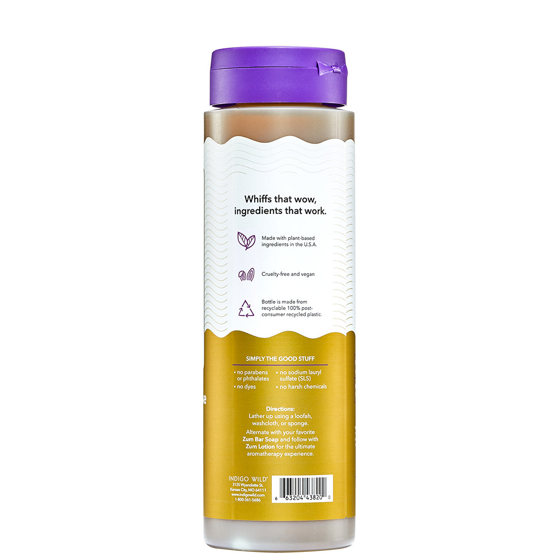 Frankincense & Myrrh Zum Body Soap Facing to the side of label with purple cap.