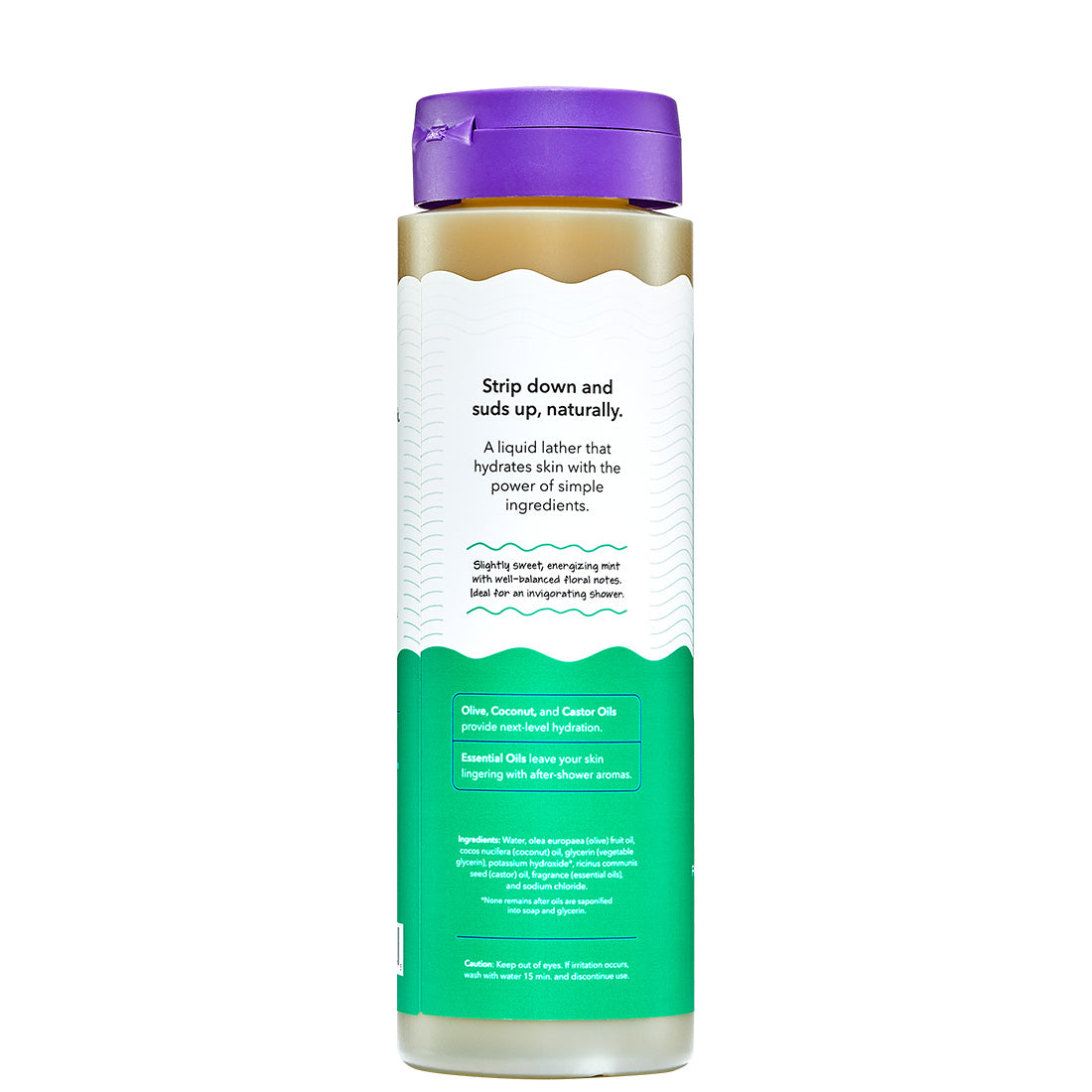 The side of a Lavender Mint Body Soap bottle with label and purple cap.