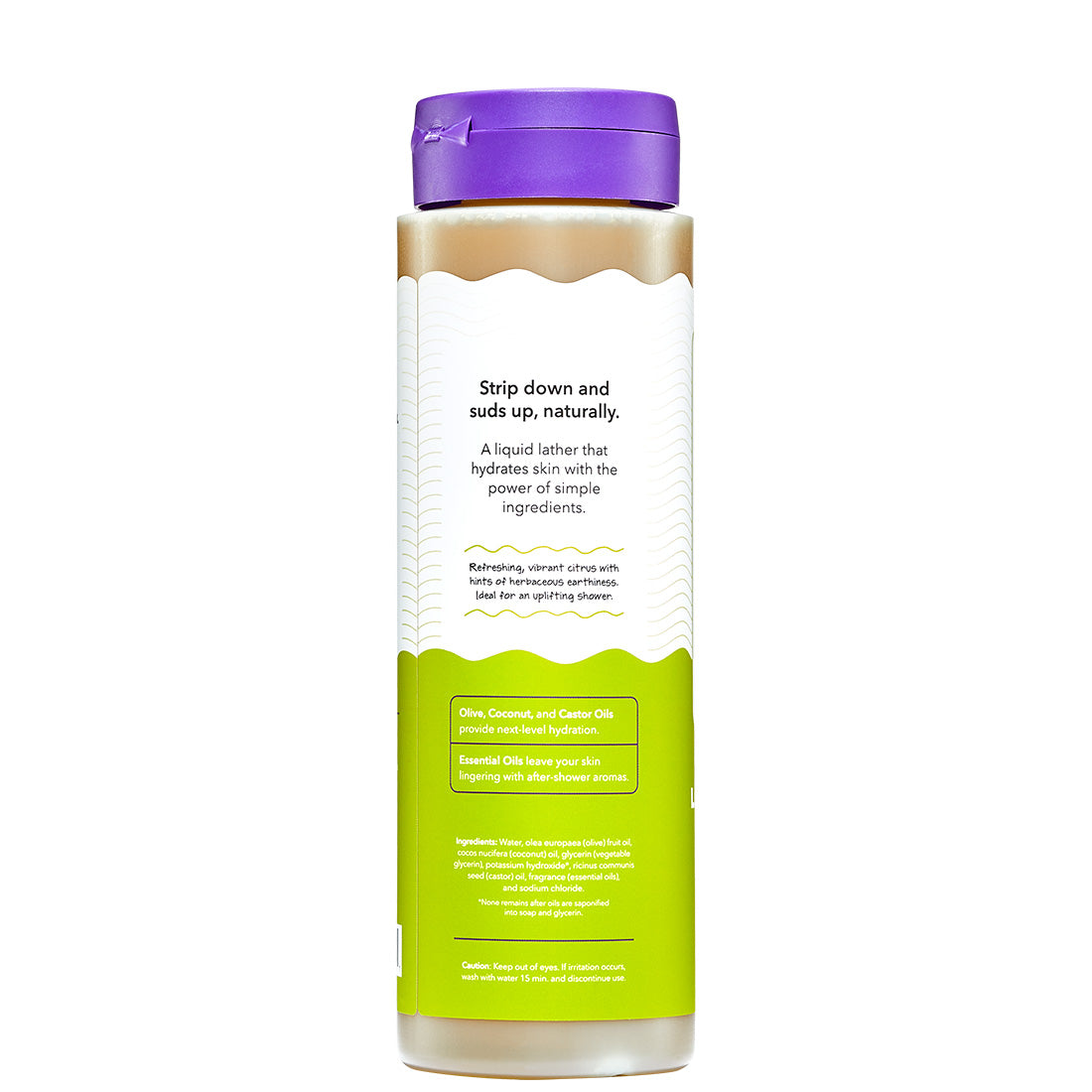 Lemongrass Body Soap Bottled with a purple cap facing the back of label.