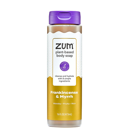 Frankincense & Myrrh Zum Body Soap Facing Front of label with purple cap.