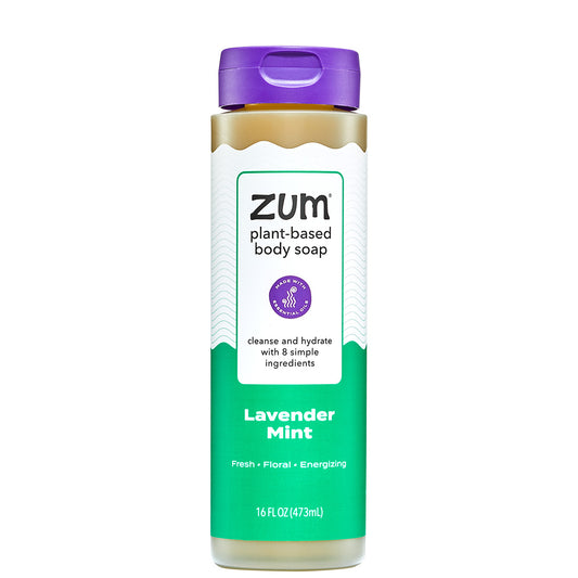 The front of a Lavender Mint Body Soap bottle with label and purple cap.