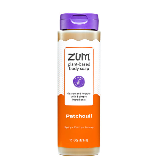 A 16 fl. oz bottle of Patchouli Body Soap with purple cap on white background.
