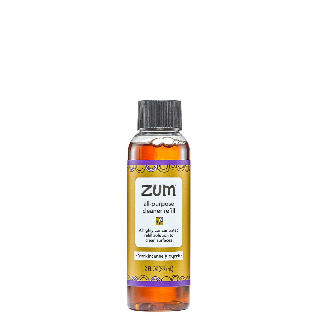 Frankincense & Myrrh refill in a clear bottle with black cap and brown label.