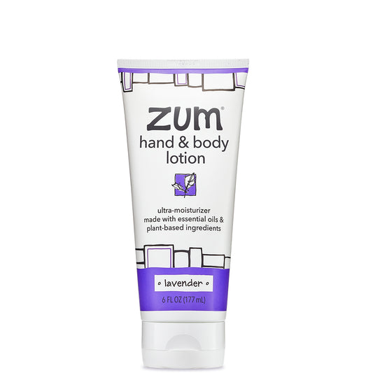 White squeeze tube with purple design containing lavender scented Zum hand and body lotion.