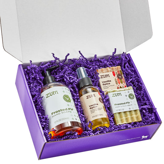 Zum Holiday Hostess Gift Set, including hand soap, mist, and two bars, in a purple gift box.