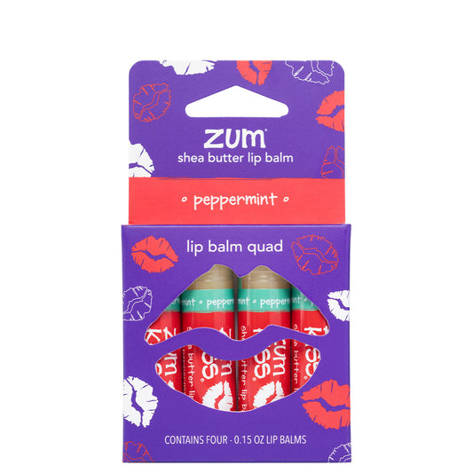 Purple box containing four peppermint kiss sticks in red labels.