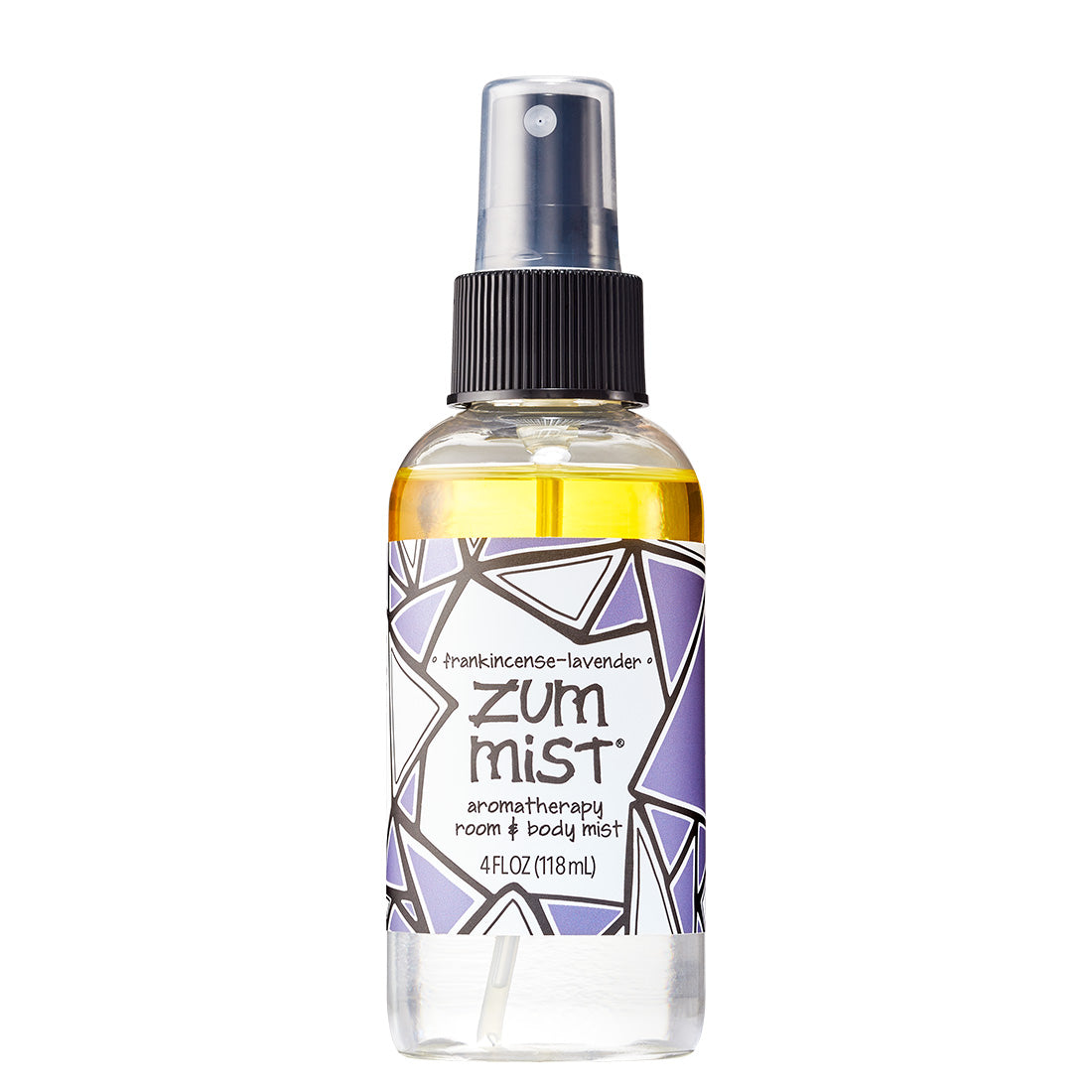 Labeled Aromatherapy Room & Body Mist bottle with a sprayer in the scent Frankincense-Lavender.