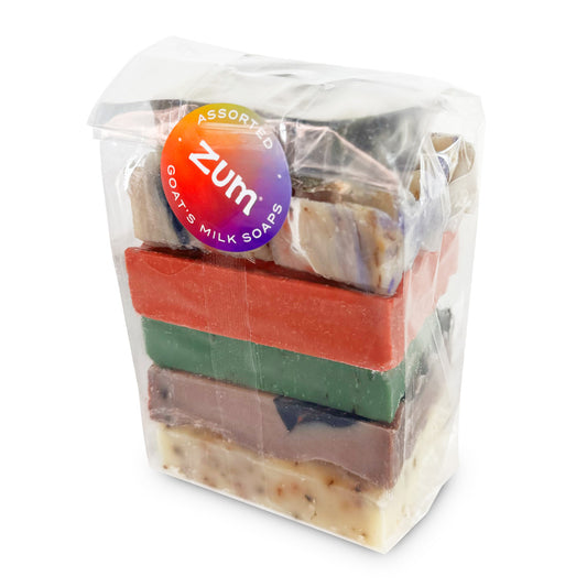 Clear bag that contains a pound of assorted colored and assorted scented Zum Bar Soap pieces.