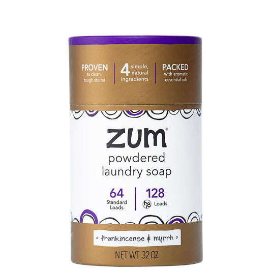 Powdered Laundry Soap container on white background with brown and white label facing front.
