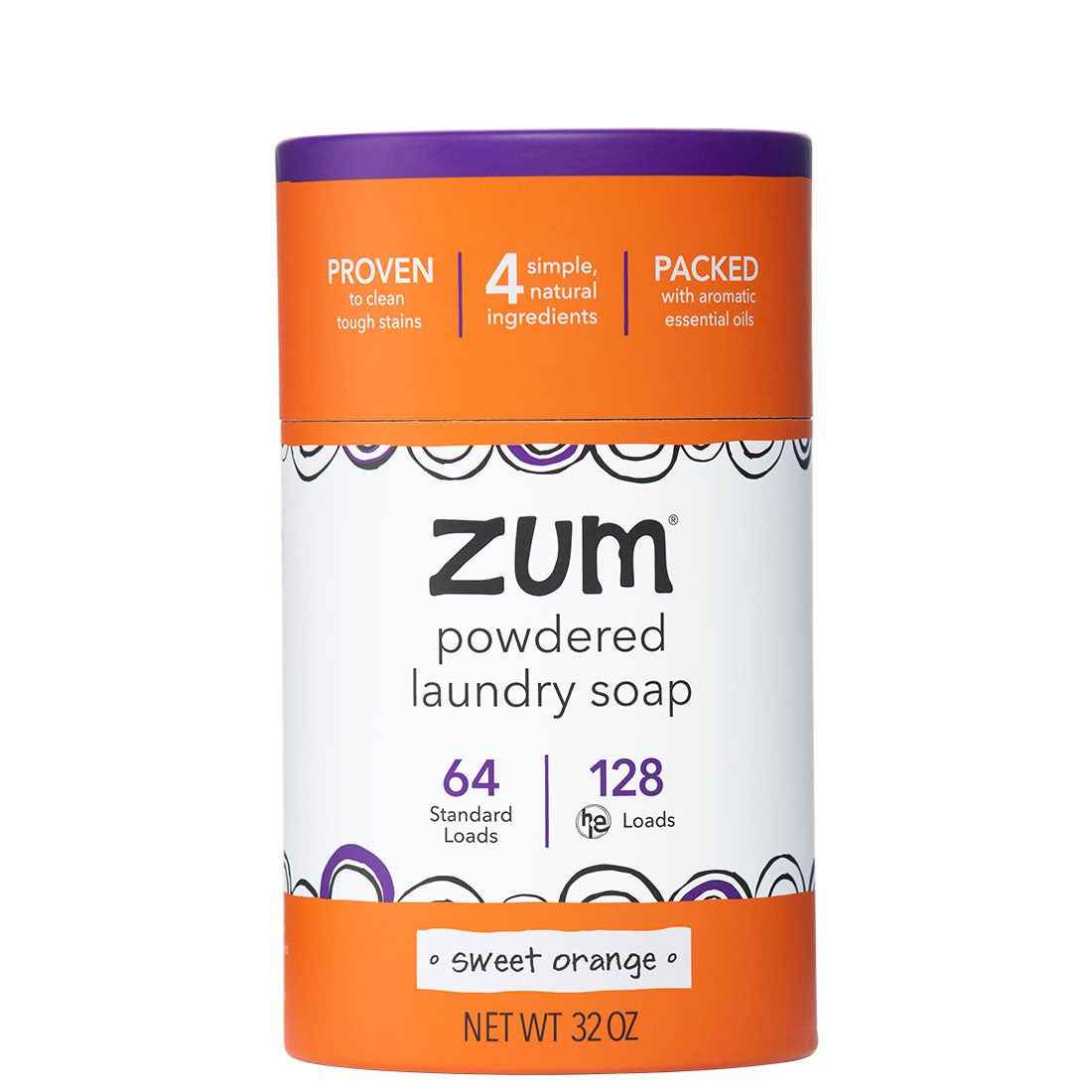 Sweet Orange Powdered Laundry Soap in labeled container on white background facing the front.