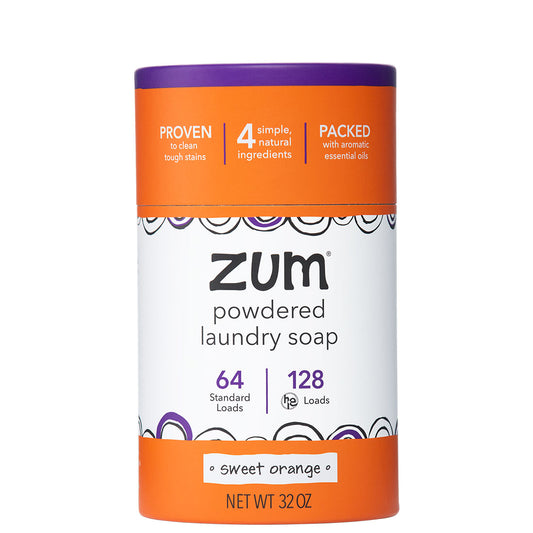 Sweet Orange Powdered Laundry Soap in labeled container on white background facing the front.