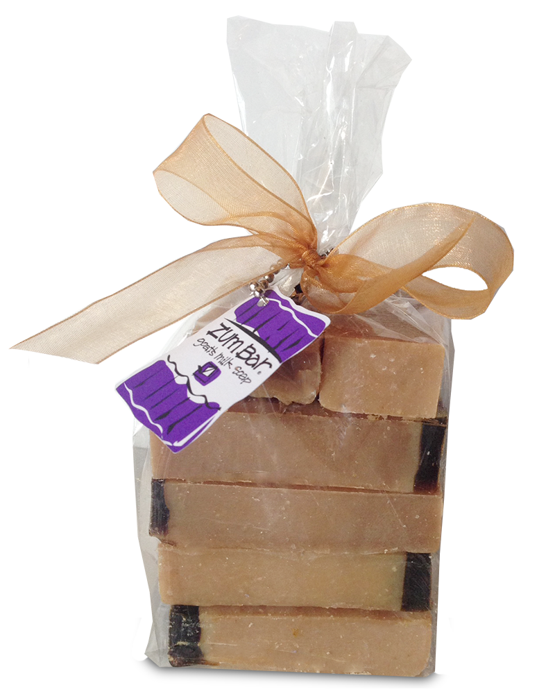 Clear bag filled with five frankincense and myrrh Zum Bar Soaps