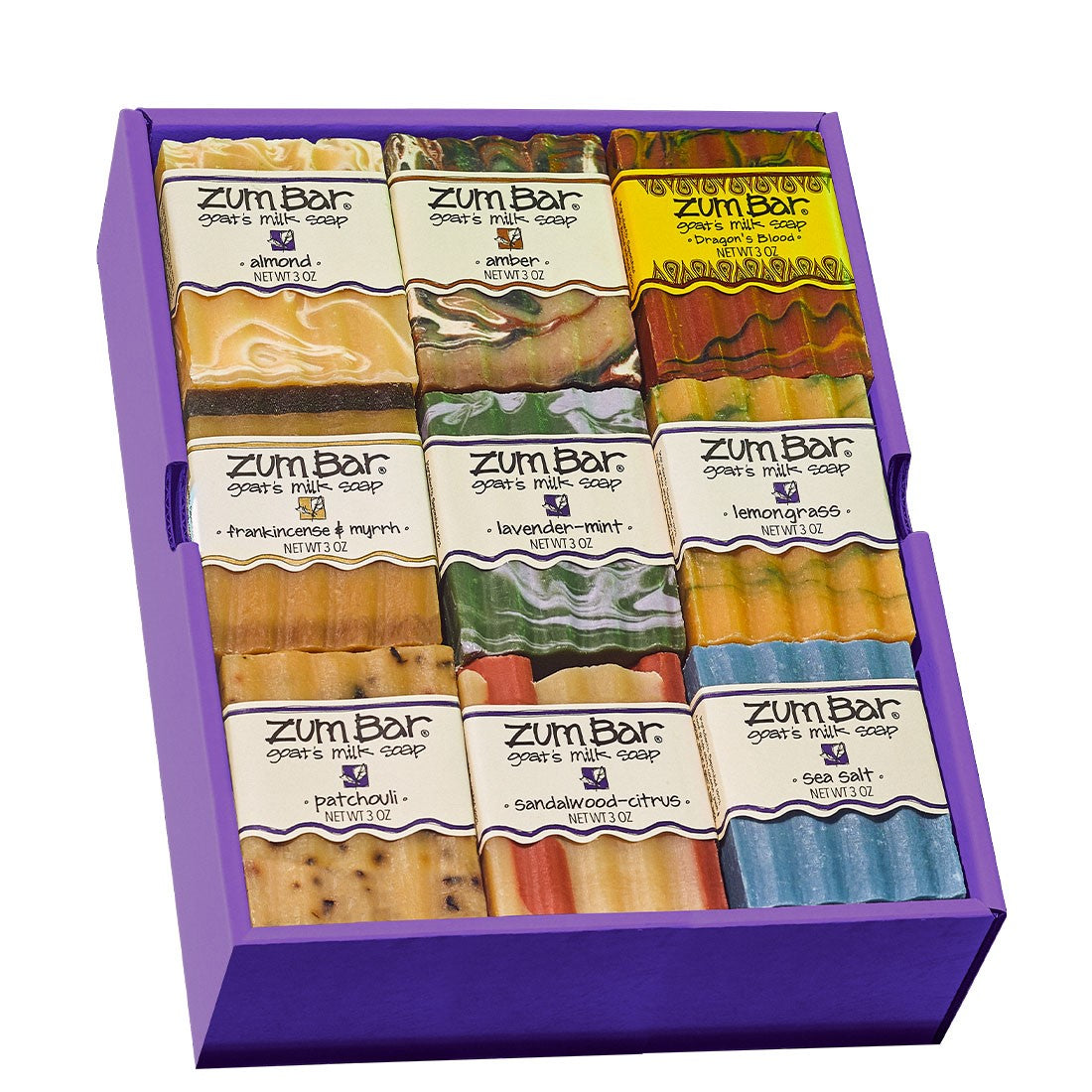 Purple gift box filled with 9 Zum Bar Soaps