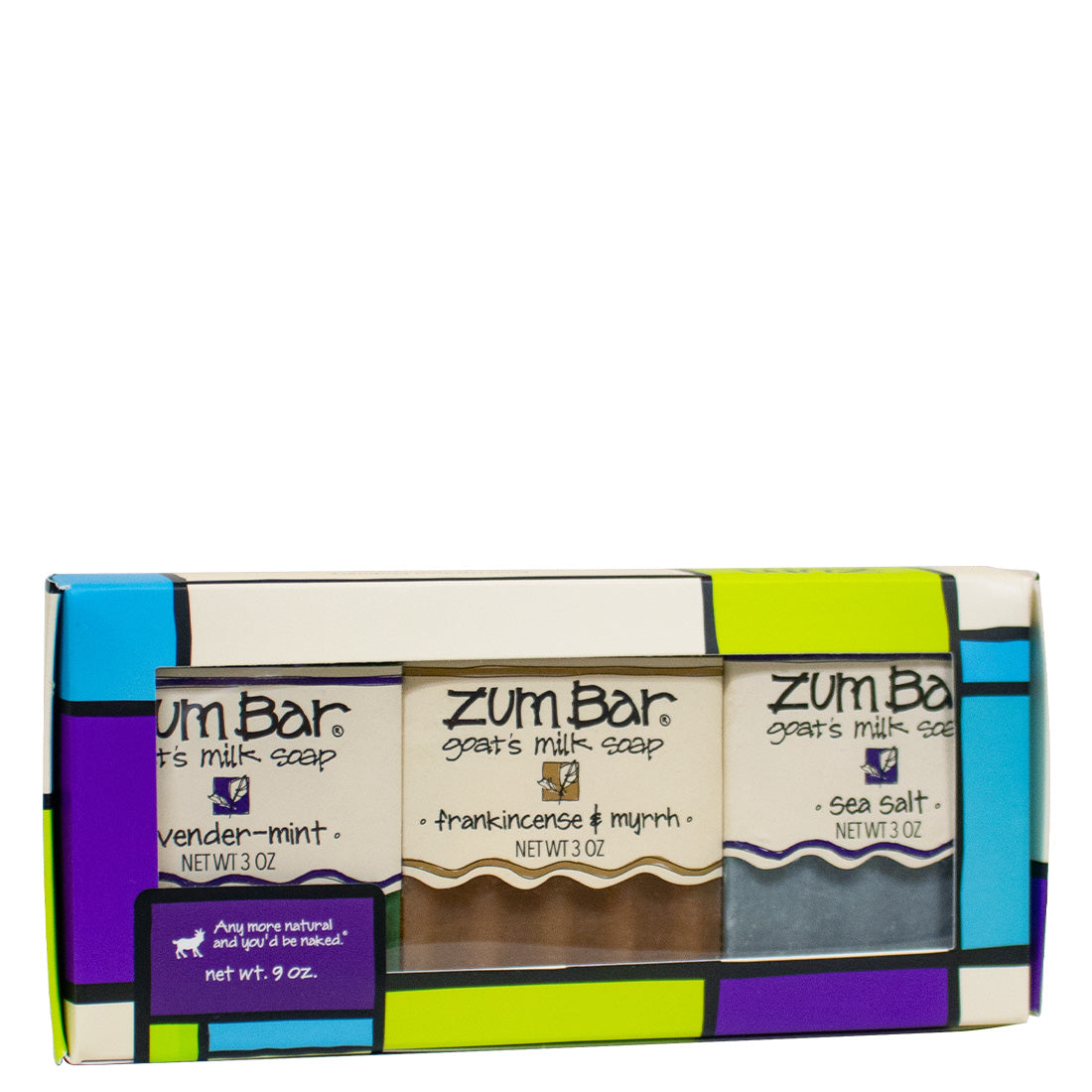 A colorful box with 3 labeled Zum Bar Soaps including Lavender-Mint, Frankincense & Myrrh, and Sea Salt.