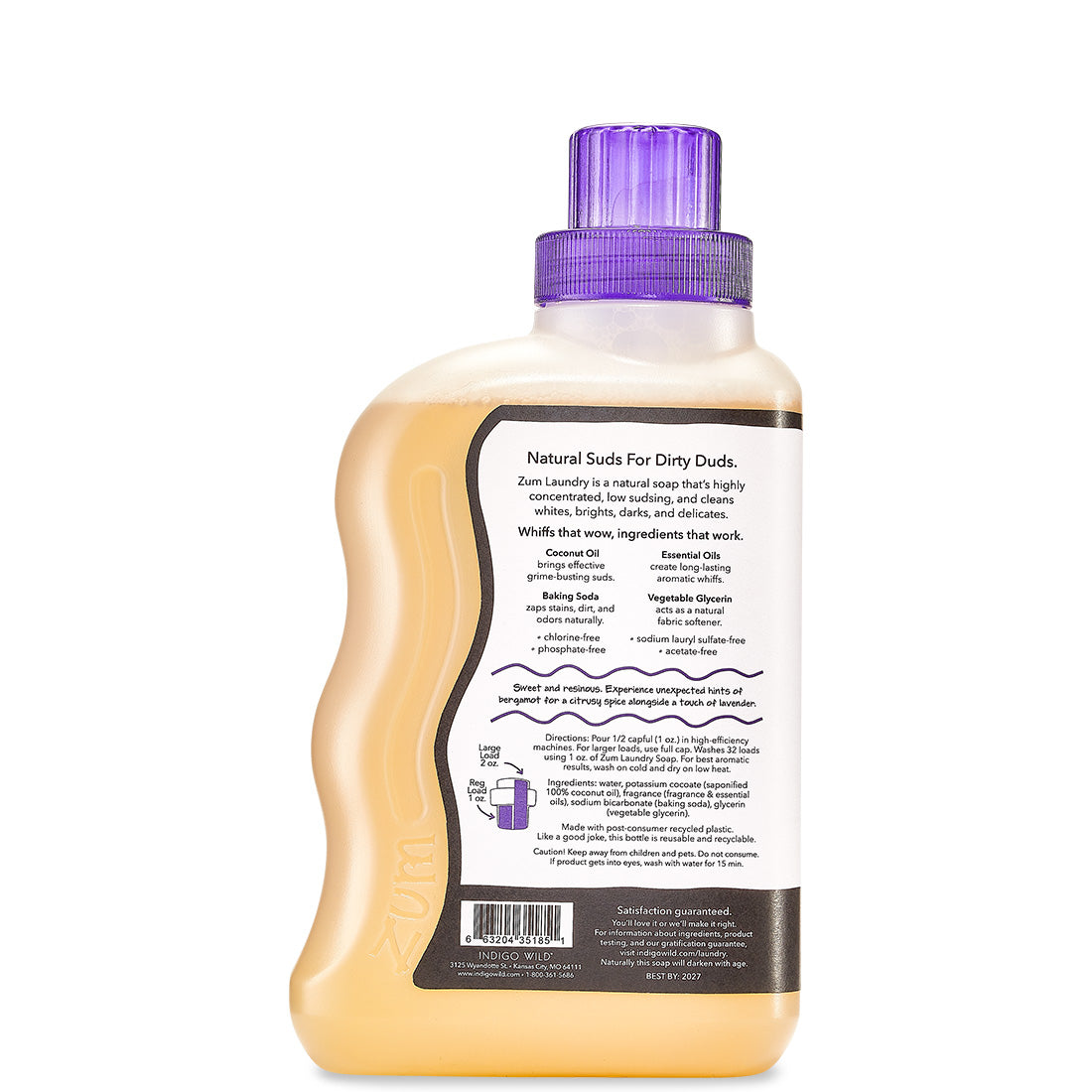 Back view of plastic bottle with purple cap containing geranium-patchouli scented laundry soap liquid