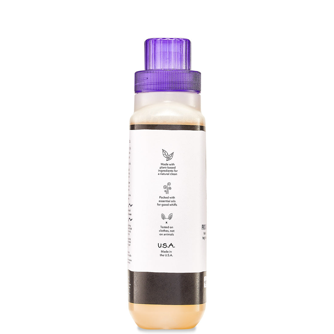 Side view of Plastic bottle with purple cap containing geranium-patchouli scented laundry soap liquid