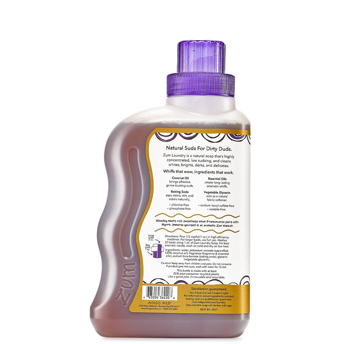 Back side of Zum Laundry Bottle Label containing instructions, ingredients, and more.