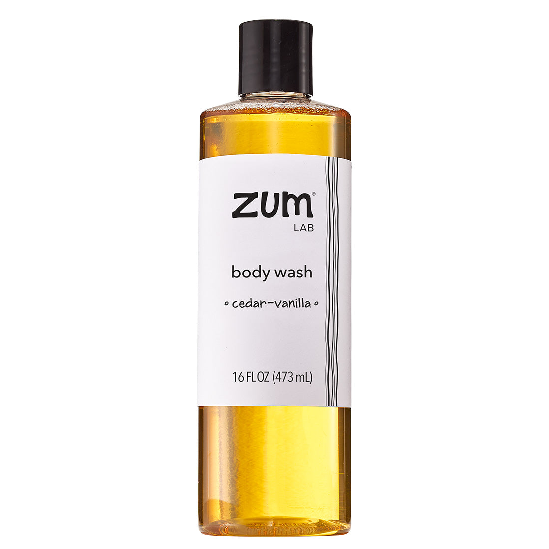 Cedar-Vanilla Body Wash in a clear bottle with a white label and black cap.