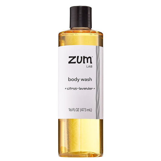 Citrus-Lavender Body Wash in a clear bottle with white label and black cap.