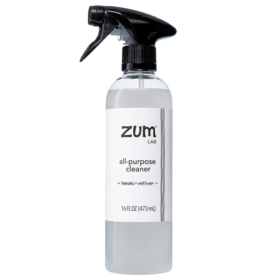 A 16 FL.OZ clear plastic spray bottle of Zum Lab All Purpose Cleaner with a black trigger spray top and a white label, shown on a solid white background.