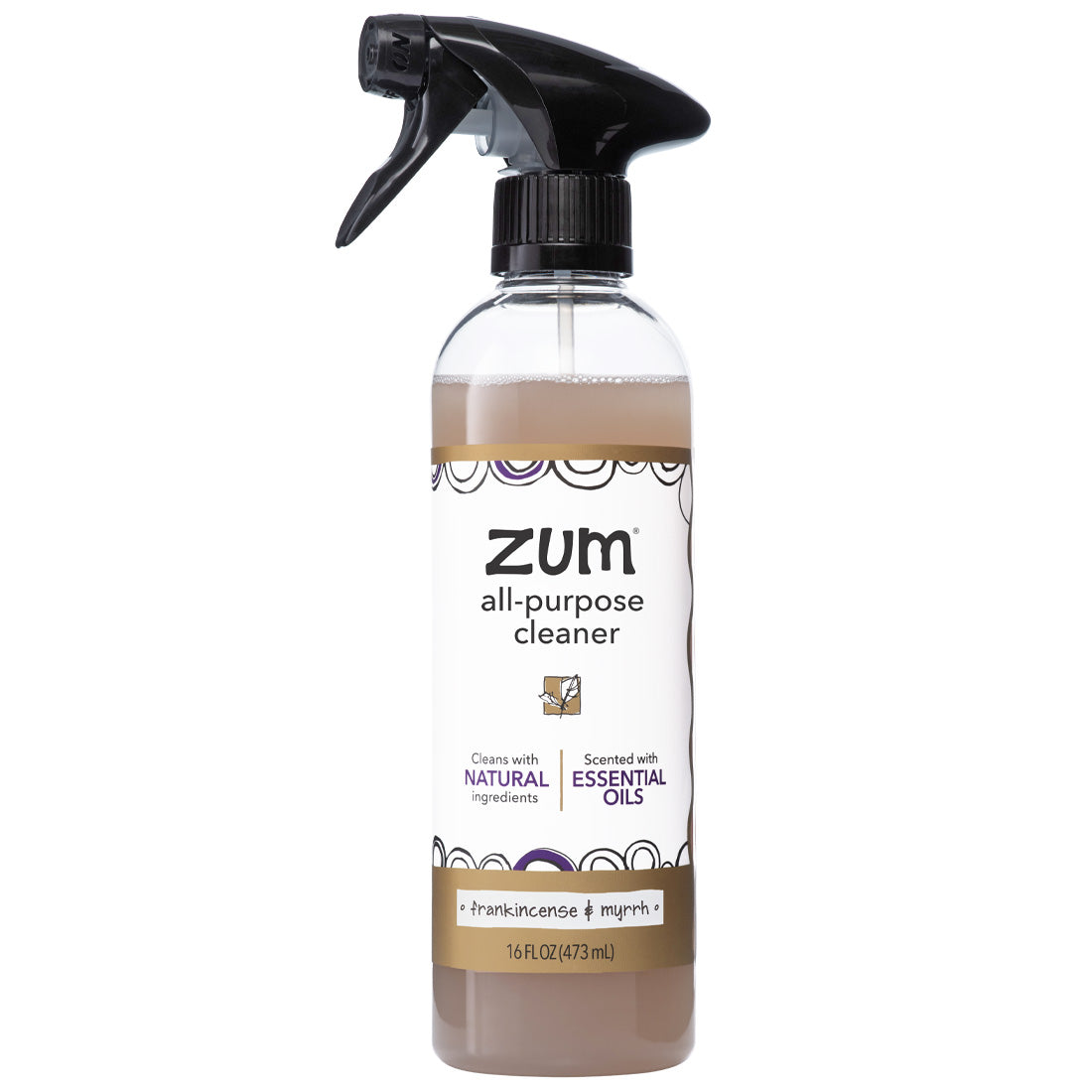 Labeled bottle with spray top containing frankincense and myrrh all-purpose cleaner.