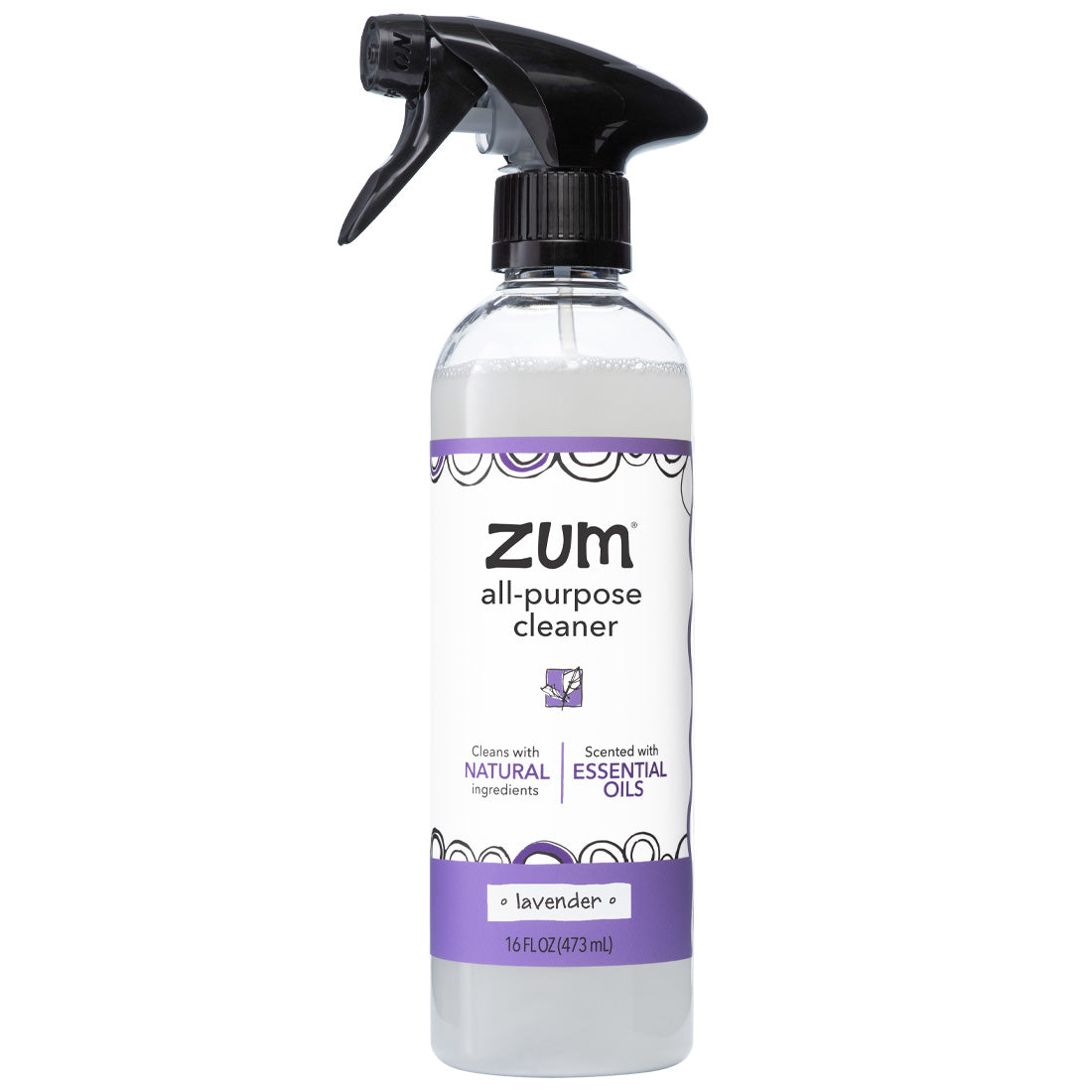 Round cylinder bottle with sprayer top containing lavender scented all-purpose cleaner.