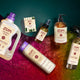 A set of Zum products arranged on a glossy, multicolored water surface against a dark teal background. The products include a large bottle of Holiday Almond laundry soap, a hand soap bottle, an all-purpose cleaner, a liquid soap bottle, and a bar soap.