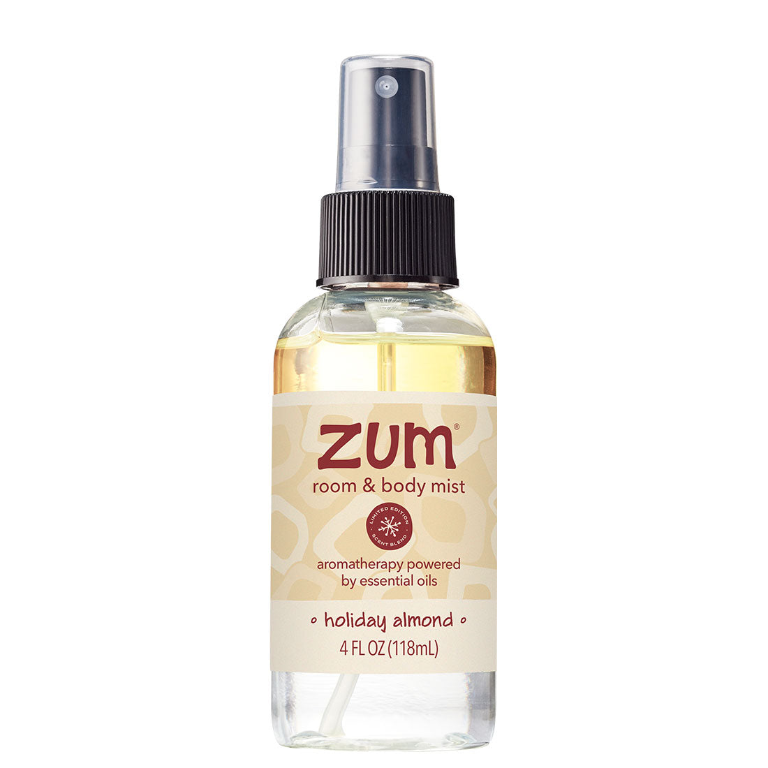 Holiday Almond Room & Body Spray in clear spray bottle with black cap and cream label.