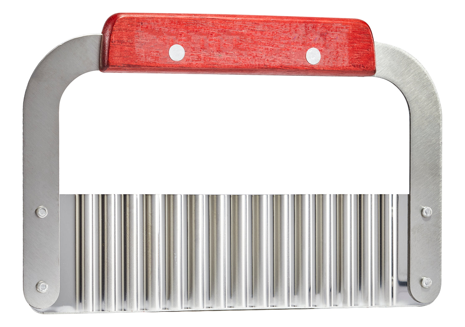 Silver bulk brick wavy cutter with red wood handle grip.
