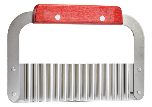 Silver bulk brick wavy cutter with red wood handle grip.