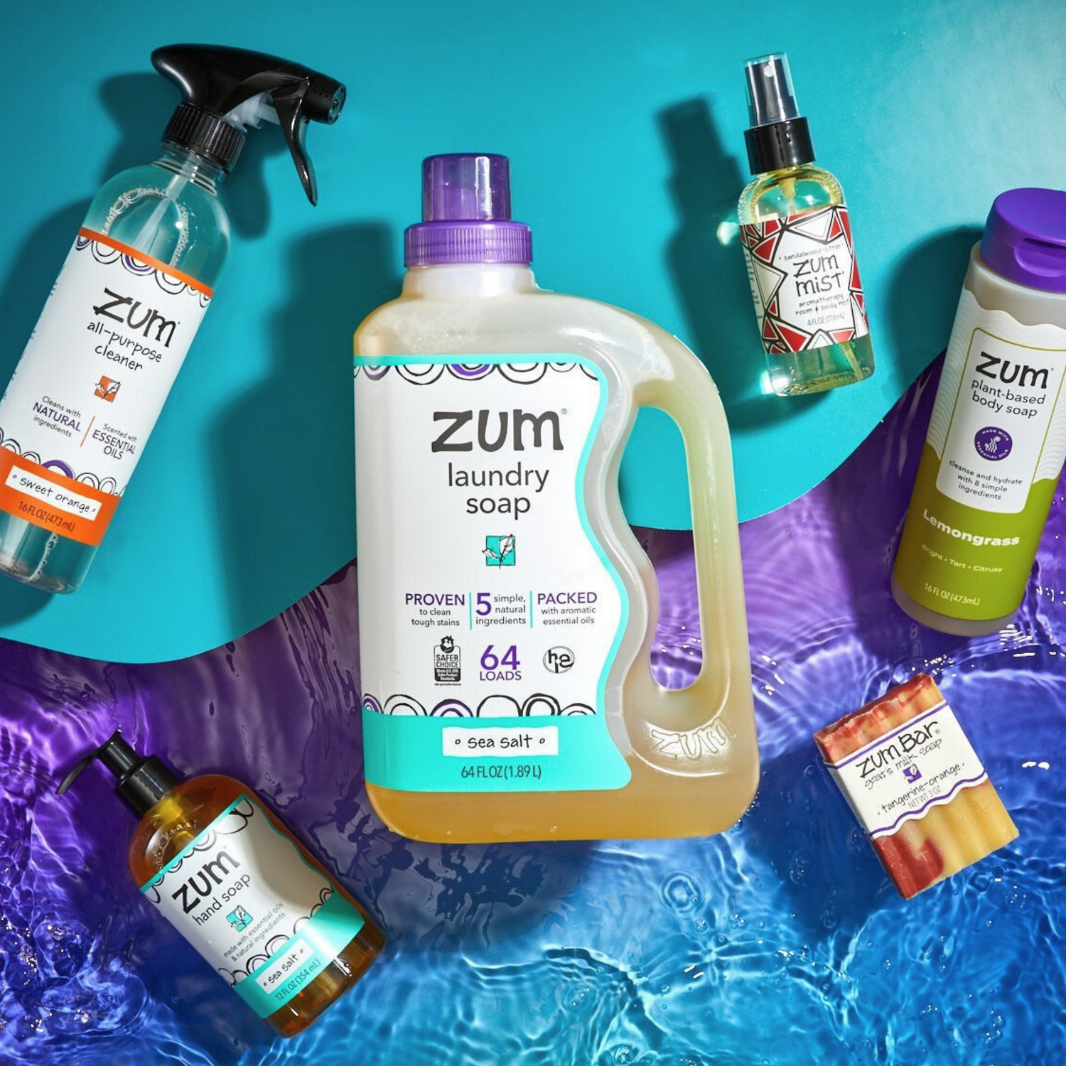 Collection of Zum laundry products on a blue and purple gradient background