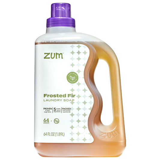 Front of Frosted Fir Laundry Soap bottle with purple cap.