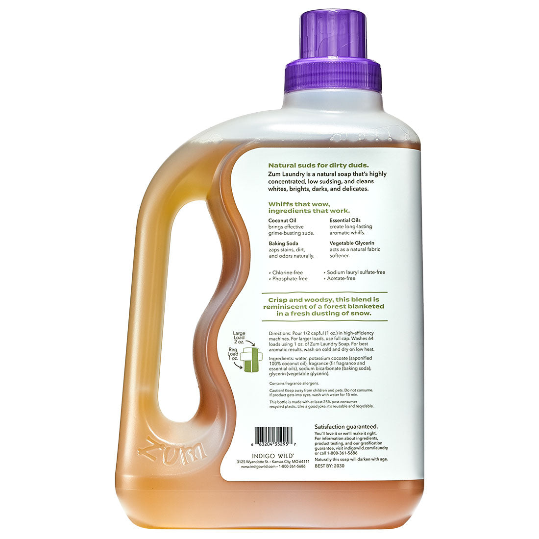 Back of Frosted Fir Laundry Soap bottle with ingredients and instructions listed.