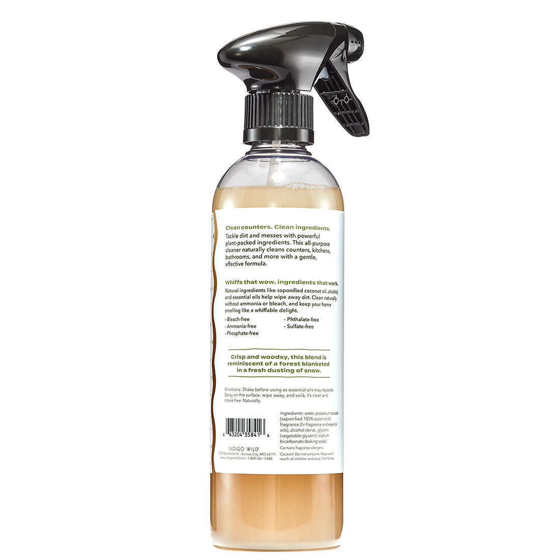 Back side of Frosted Fir All-Purpose Cleaner with white label and black spray top
