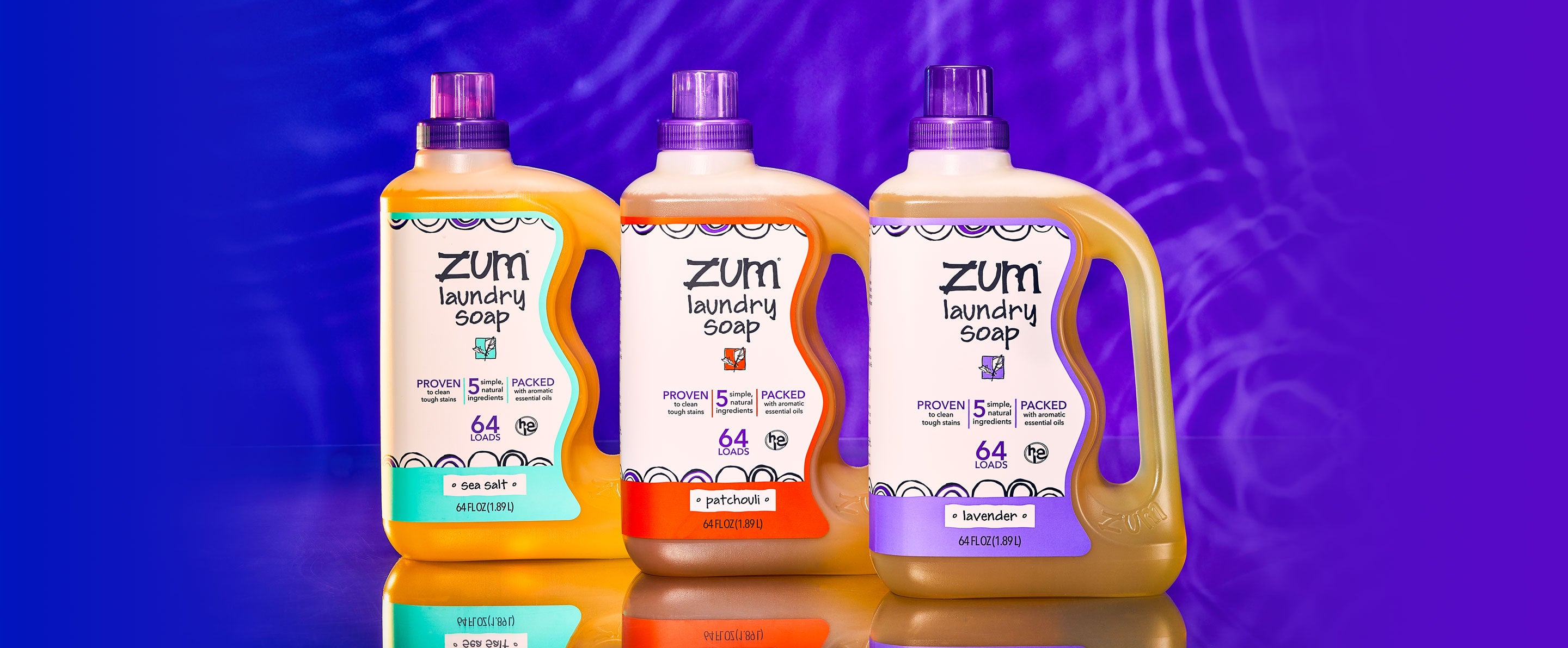 Zum Laundry Soap lined up showing three scents - sea salt, frankincense & myrrh and lavender.